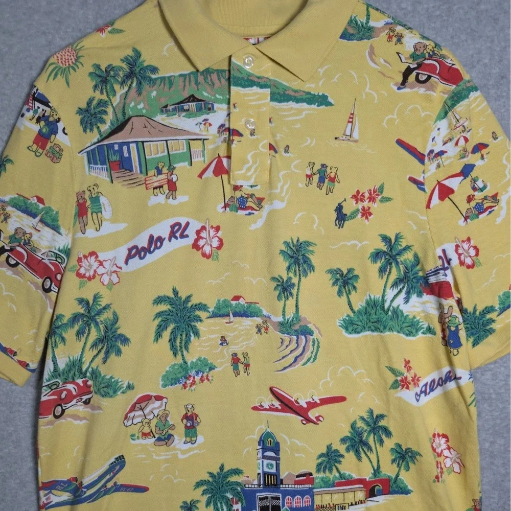 Polo Ralph Lauren Polo Shirt Mens Large Yellow Hawaiian Aloha Bear Preppy Resort